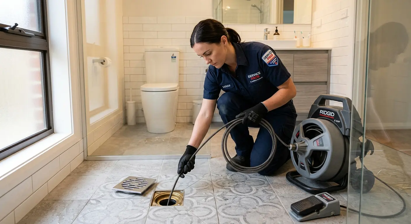 Technician clearing a bathroom floor drain for Clogged Drain Repair in Antrim